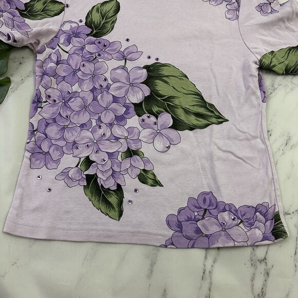 Basic Editions Womens Vintage Y2k Rhinestone Tee Size S Purple Hydrangea Floral - Picture 3 of 11